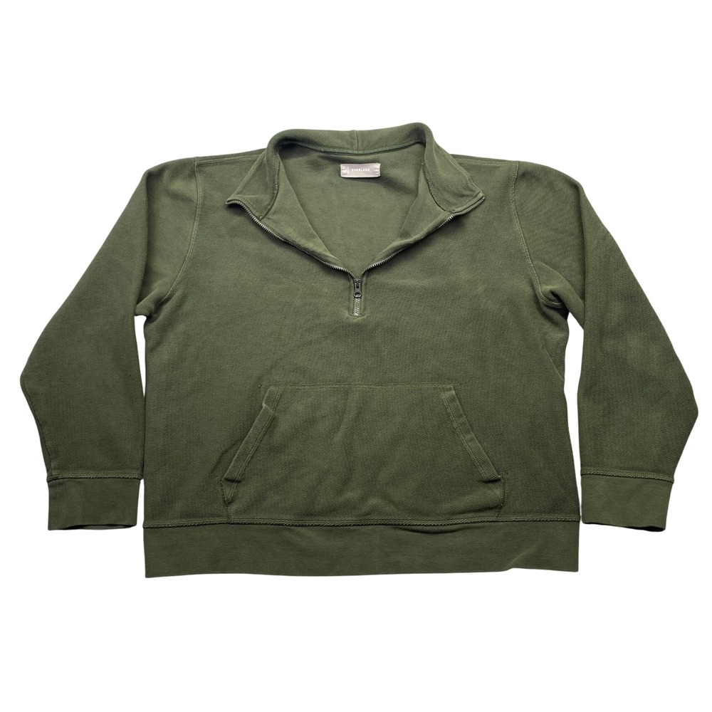Everlane Mens Olive Green Quarter Zip Cotton French Terry‎ Pullover Sweatshirt L